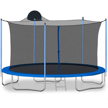 12FT Blue Kids Trampoline with Safety Enclosure Net, Basketball Hoop and Ladder – 130 lb Capacity
