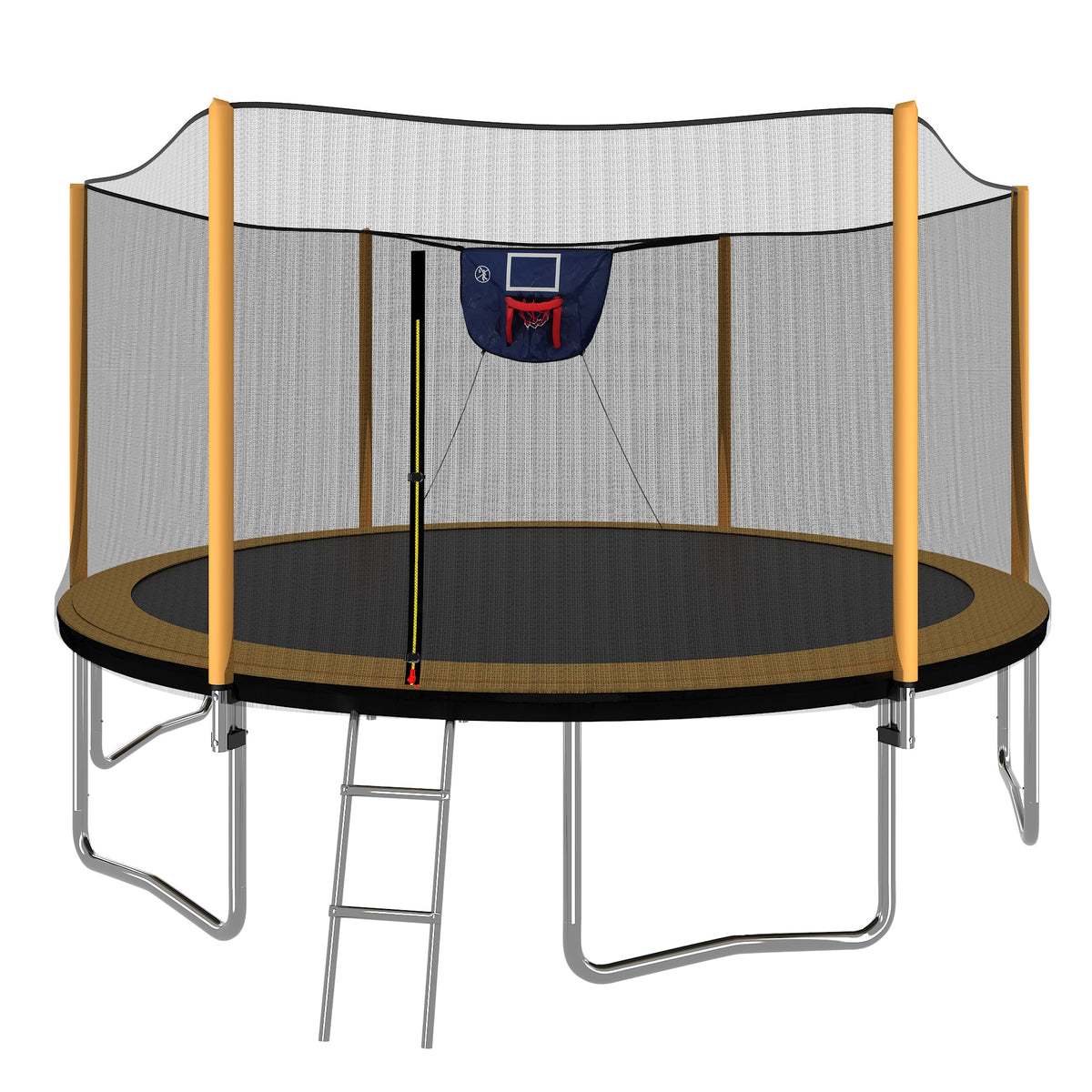 14FT Orange Powder-Coated Trampoline with Outer Safety Enclosure, Basketball Hoop, Ladder and Inflator