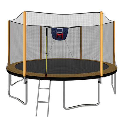 14FT Orange Powder-Coated Trampoline with Outer Safety Enclosure, Basketball Hoop, Ladder and Inflator