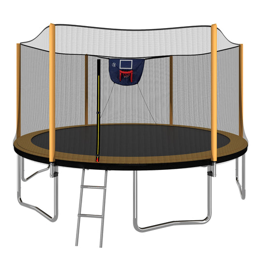 14FT Orange Powder-Coated Trampoline with Outer Safety Enclosure, Basketball Hoop, Ladder and Inflator