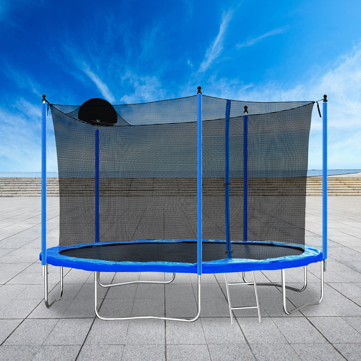 12FT Blue Kids Trampoline with Safety Enclosure Net, Basketball Hoop and Ladder – 130 lb Capacity