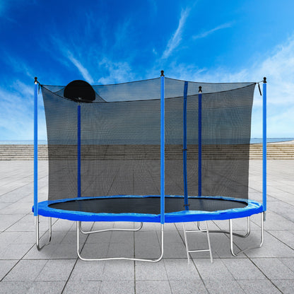 12FT Blue Kids Trampoline with Safety Enclosure Net, Basketball Hoop and Ladder – 130 lb Capacity