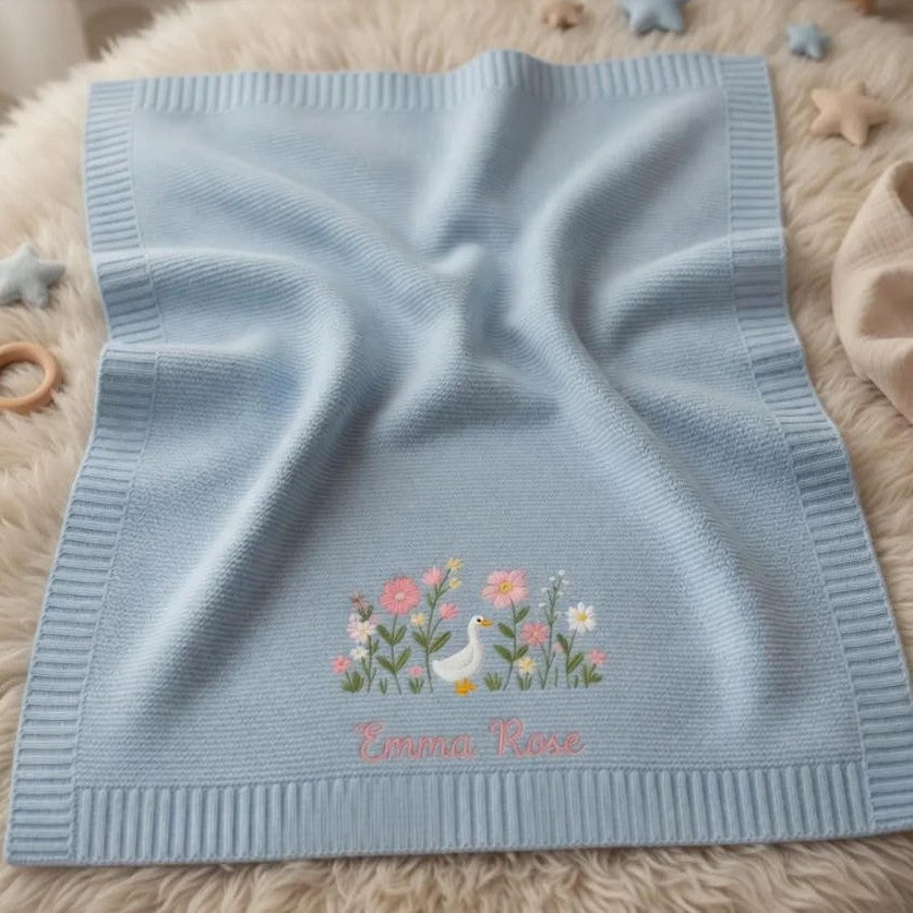 Cotton Knitted Baby Blanket with Embroidered Bear and Personalized Name, Soft Infant Car Seat Cover and Nap Blanket