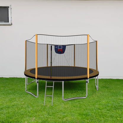 14FT Orange Powder-Coated Trampoline with Outer Safety Enclosure, Basketball Hoop, Ladder and Inflator