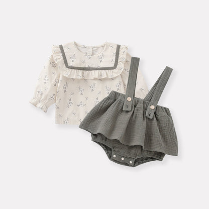 Floral Overalls Set Girl Baby Charming Doll Shirt Romper Two-Piece Set