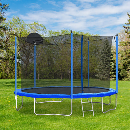 12FT Blue Kids Trampoline with Safety Enclosure Net, Basketball Hoop and Ladder – 130 lb Capacity