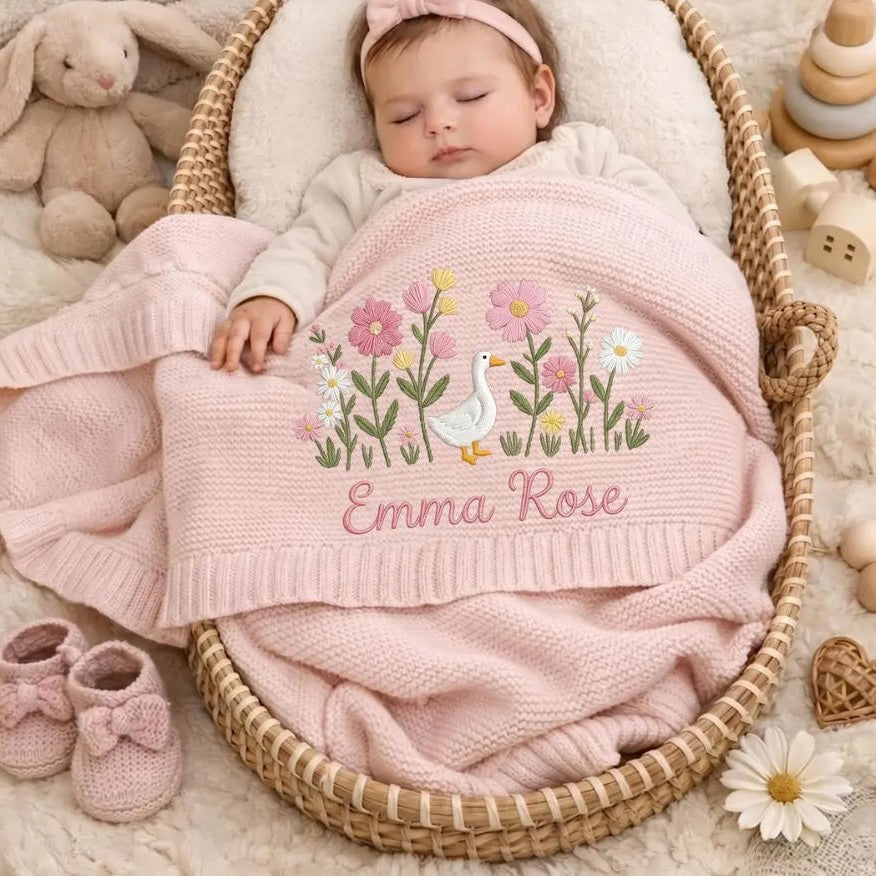 Cotton Knitted Baby Blanket with Embroidered Bear and Personalized Name, Soft Infant Car Seat Cover and Nap Blanket