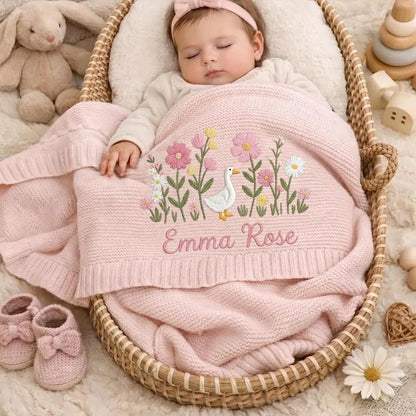 Cotton Knitted Baby Blanket with Embroidered Bear and Personalized Name, Soft Infant Car Seat Cover and Nap Blanket