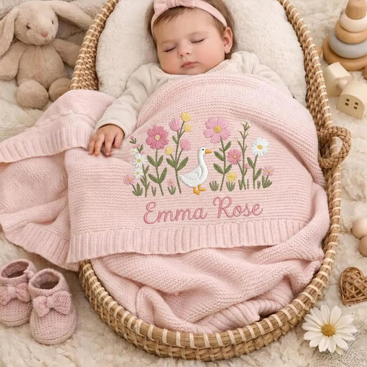 Cotton Knitted Baby Blanket with Embroidered Bear and Personalized Name, Soft Infant Car Seat Cover and Nap Blanket