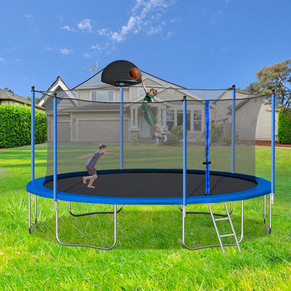 14FT Backyard Trampoline with Basketball Hoop, Safety Enclosure and Ladder