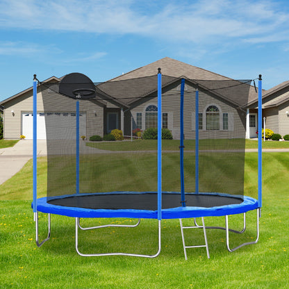12FT Blue Kids Trampoline with Safety Enclosure Net, Basketball Hoop and Ladder – 130 lb Capacity
