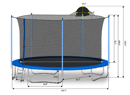 12FT Blue Kids Trampoline with Safety Enclosure Net, Basketball Hoop and Ladder – 130 lb Capacity