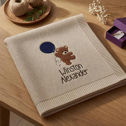 Cotton Knitted Baby Blanket with Embroidered Bear and Personalized Name, Soft Infant Car Seat Cover and Nap Blanket