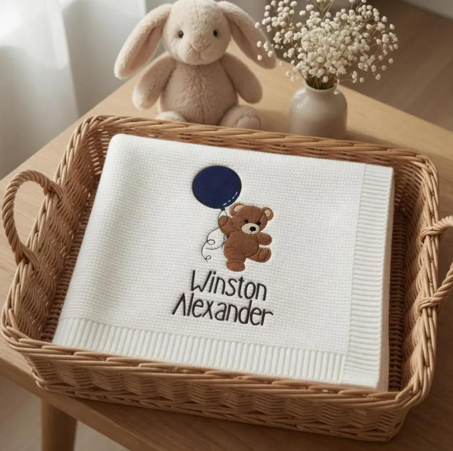 Cotton Knitted Baby Blanket with Embroidered Bear and Personalized Name, Soft Infant Car Seat Cover and Nap Blanket