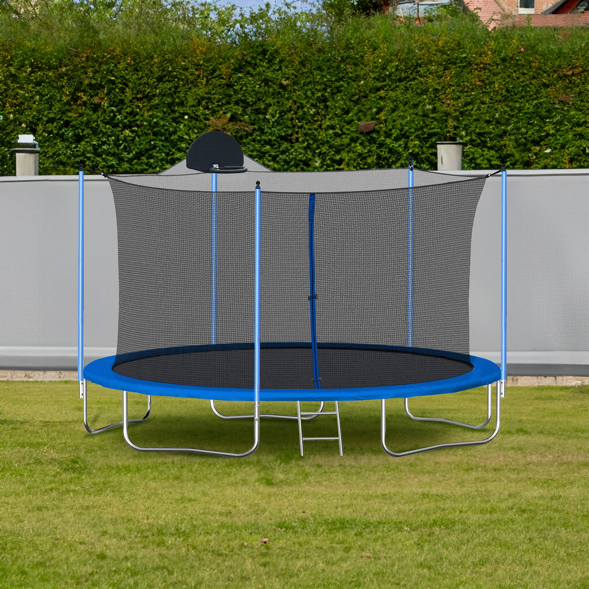 12FT Blue Kids Trampoline with Safety Enclosure Net, Basketball Hoop and Ladder – 130 lb Capacity
