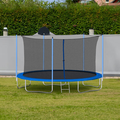 12FT Blue Kids Trampoline with Safety Enclosure Net, Basketball Hoop and Ladder – 130 lb Capacity