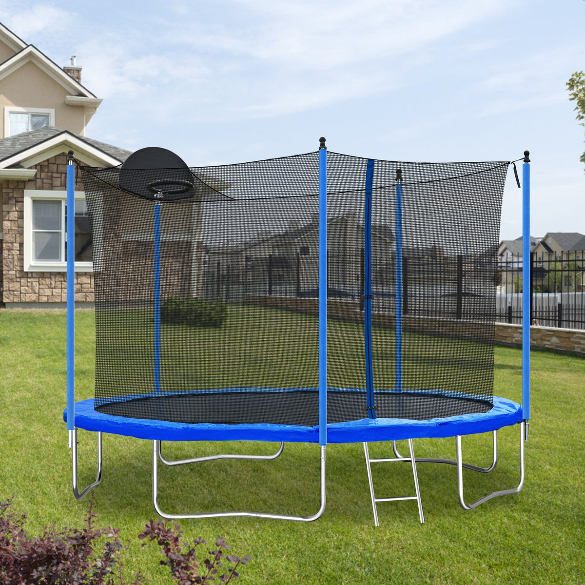 12FT Blue Kids Trampoline with Safety Enclosure Net, Basketball Hoop and Ladder – 130 lb Capacity