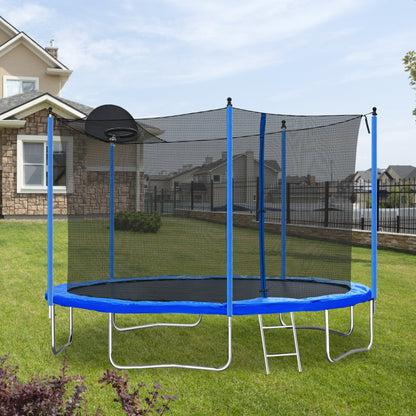 12FT Blue Kids Trampoline with Safety Enclosure Net, Basketball Hoop and Ladder – 130 lb Capacity