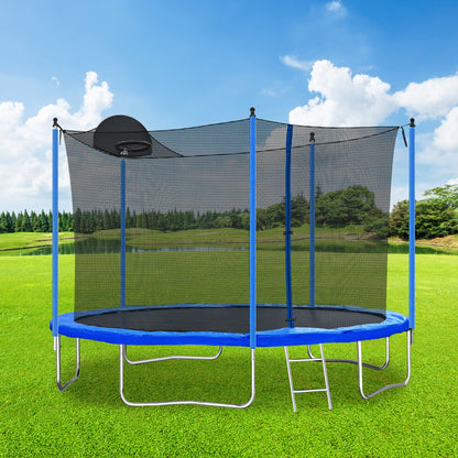 12FT Blue Kids Trampoline with Safety Enclosure Net, Basketball Hoop and Ladder – 130 lb Capacity
