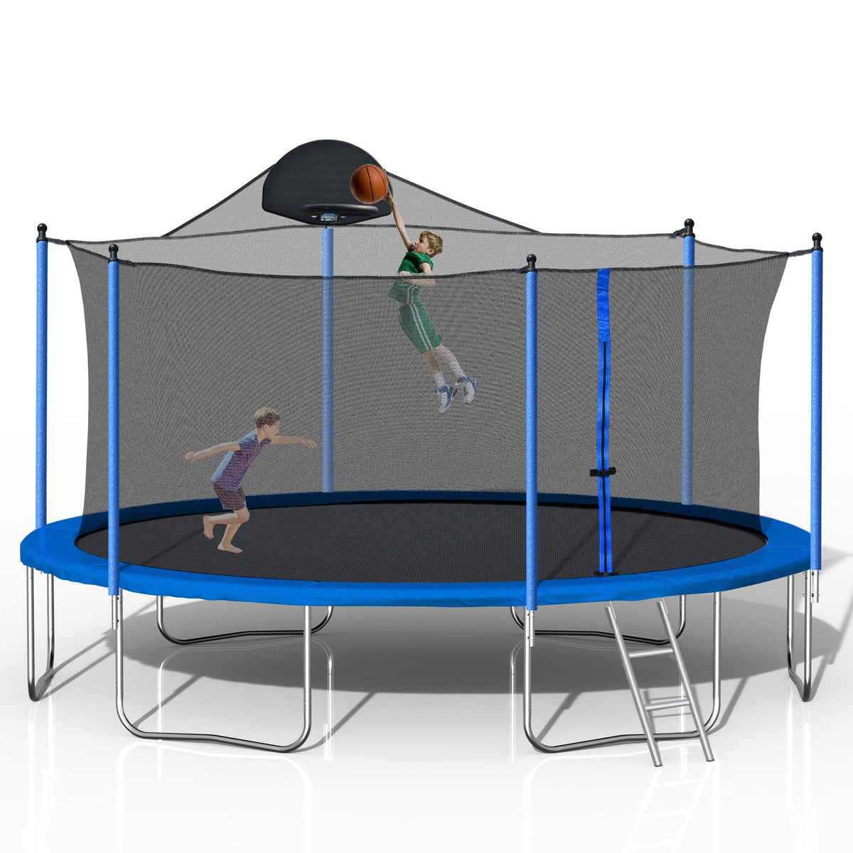 14FT Backyard Trampoline with Basketball Hoop, Safety Enclosure and Ladder