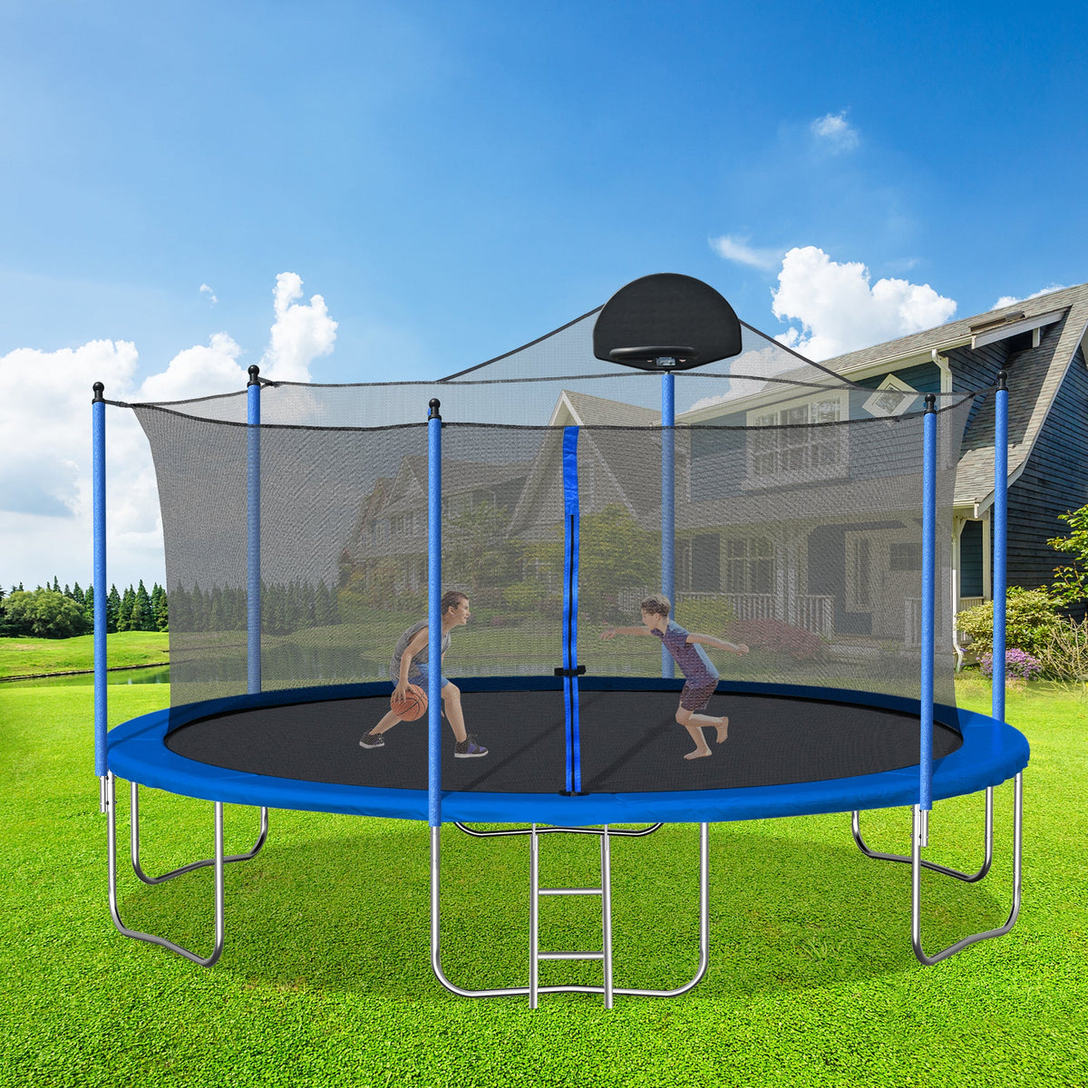 14FT Backyard Trampoline with Basketball Hoop, Safety Enclosure and Ladder