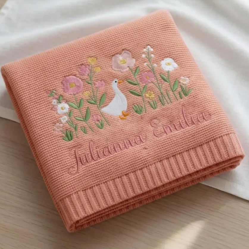 Cotton Knitted Baby Blanket with Embroidered Bear and Personalized Name, Soft Infant Car Seat Cover and Nap Blanket