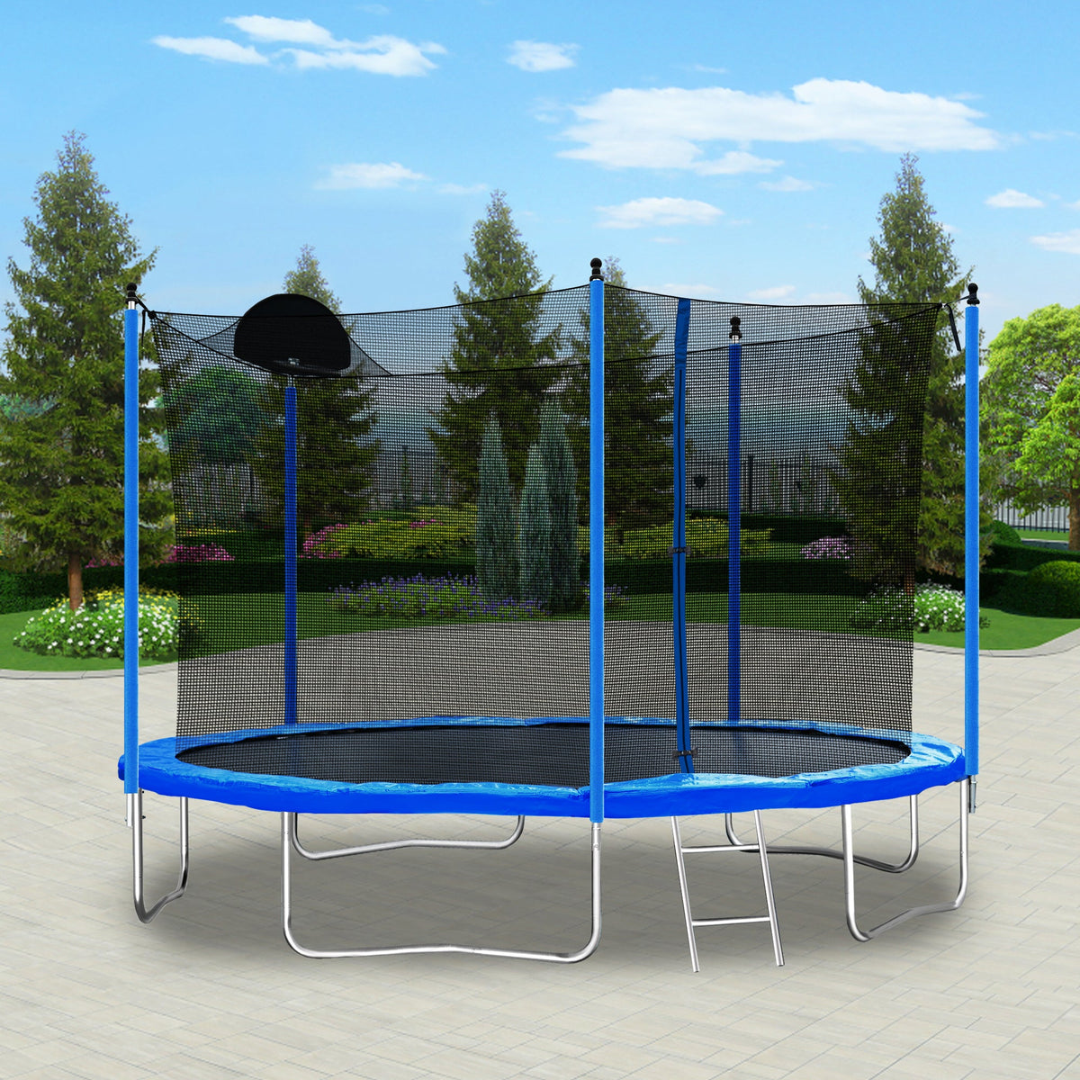 12FT Blue Kids Trampoline with Safety Enclosure Net, Basketball Hoop and Ladder – 130 lb Capacity