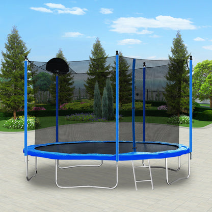 12FT Blue Kids Trampoline with Safety Enclosure Net, Basketball Hoop and Ladder – 130 lb Capacity