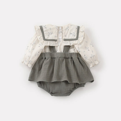 Floral Overalls Set Girl Baby Charming Doll Shirt Romper Two-Piece Set